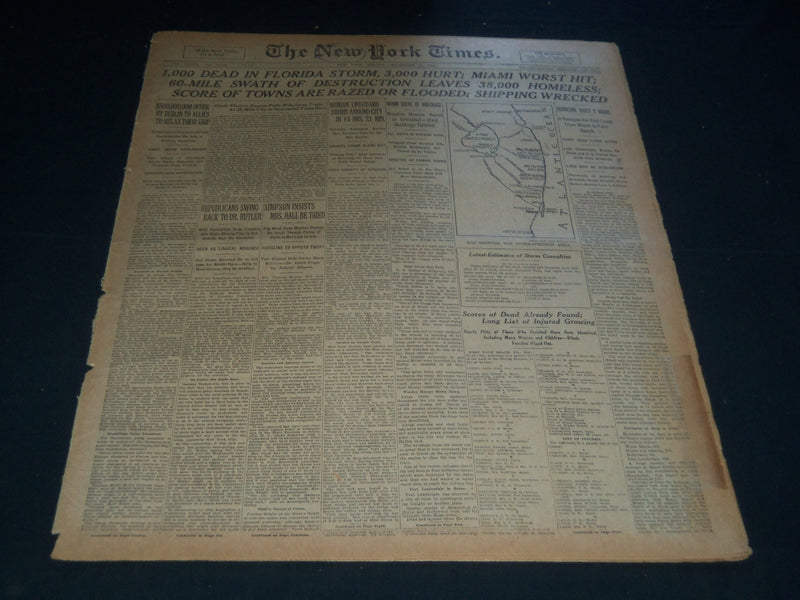 1926 SEPT 20 NEW YORK TKIMES NEWSPAPER - 1000 DEAD IN FLORIDA STORM - NT 7577