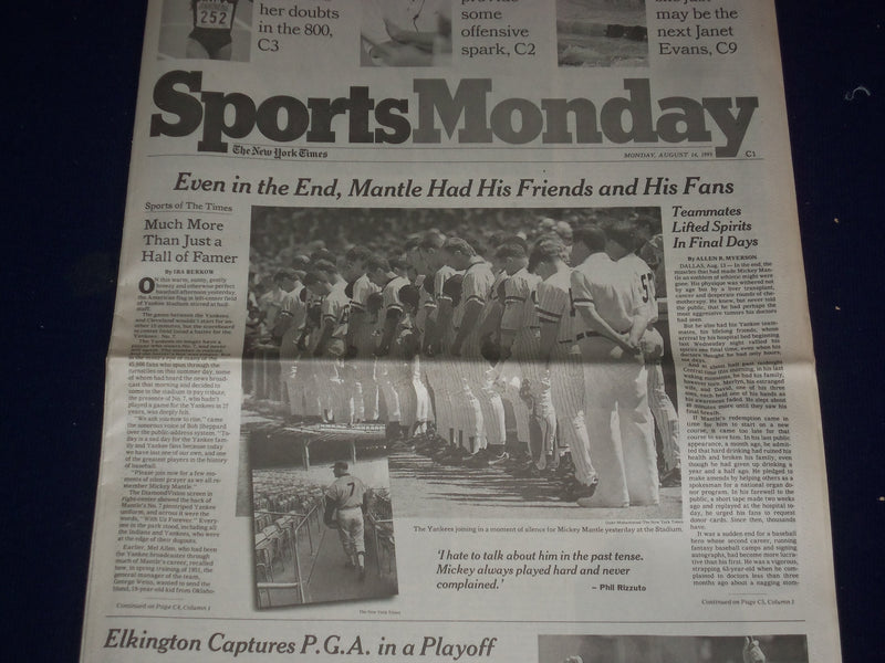 1995 AUG 14 THE NEW YORK TIMES-MICKEY MANTLE DIED- LOSES CANCER BATTLE - NP 3019