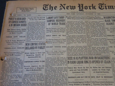 1930 NOVEMBER 15 NEW YORK TIMES - PRIEST IS BEHEADED BY CHINESE BANDITS- NT 5735