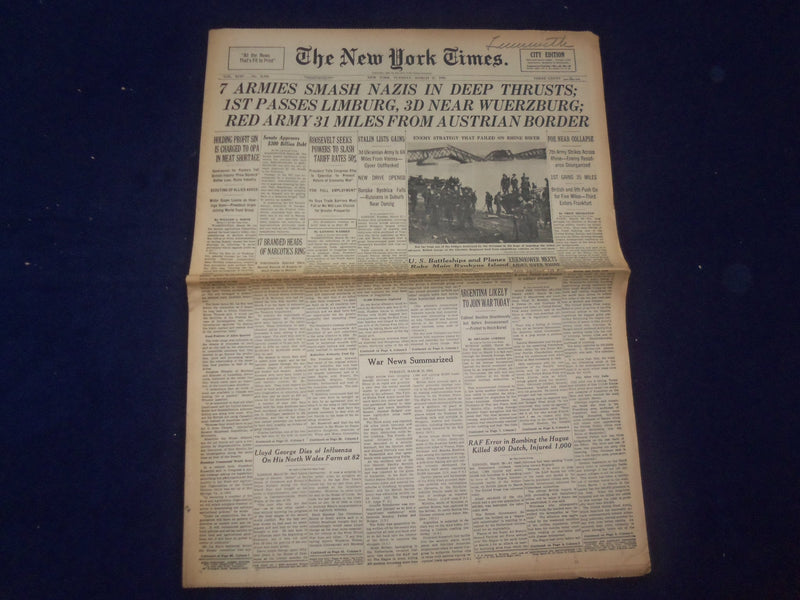 1945 MARCH 27 NEW YORK TIMES - 7 ARMIES SMASH NAZIS IN DEEP THRUSTS - NP 6678