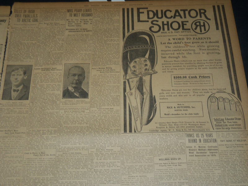 1909 SEPTEMBER 9 THE BOSTON HERALD - PEARY STORY OF DASH TO NORTH POLE - BH 202