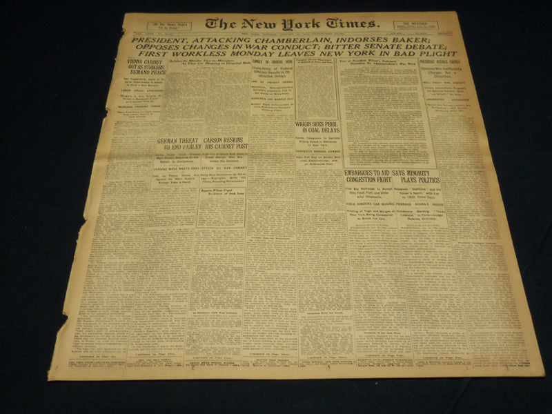1918 JANUARY 22 NEW YORK TIMES NEWSPAPER - PRESIDENT INDORSES BAKER - NT 7940
