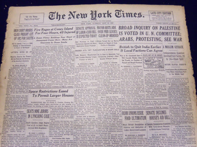 1947 MAY 13 NEW YORK TIMES - BROAD INQUIRY ON PALESTINE IS VOTED IN U. N - NT 87
