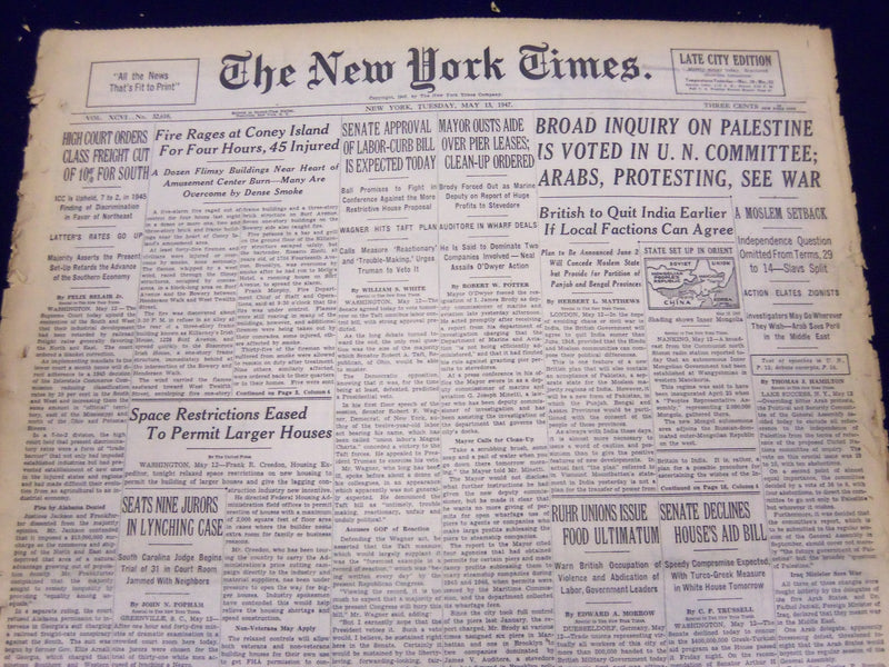 1947 MAY 13 NEW YORK TIMES - BROAD INQUIRY ON PALESTINE IS VOTED IN U. N - NT 87