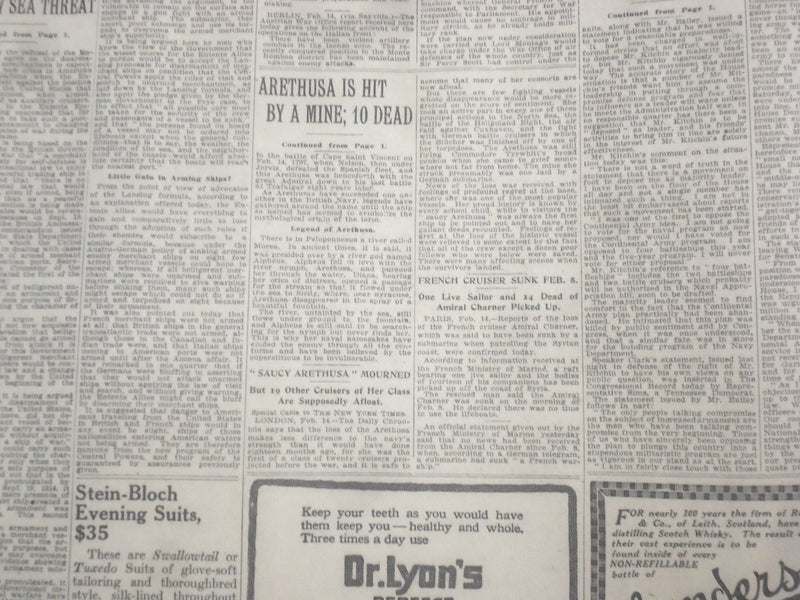 1916 FEBRUARY 15 NEW YORK TIMES - ARETHUSA IS HIT BY MINE, 10 DEAD - NT 9036
