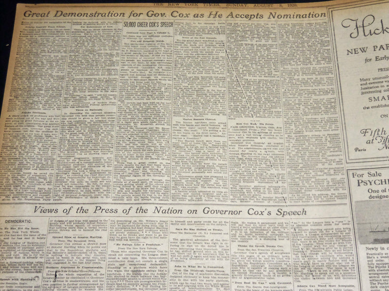 1920 AUGUST 8 NEW YORK TIMES - COX STANDS SQUARELY FOR LEAGUE - NT 8545