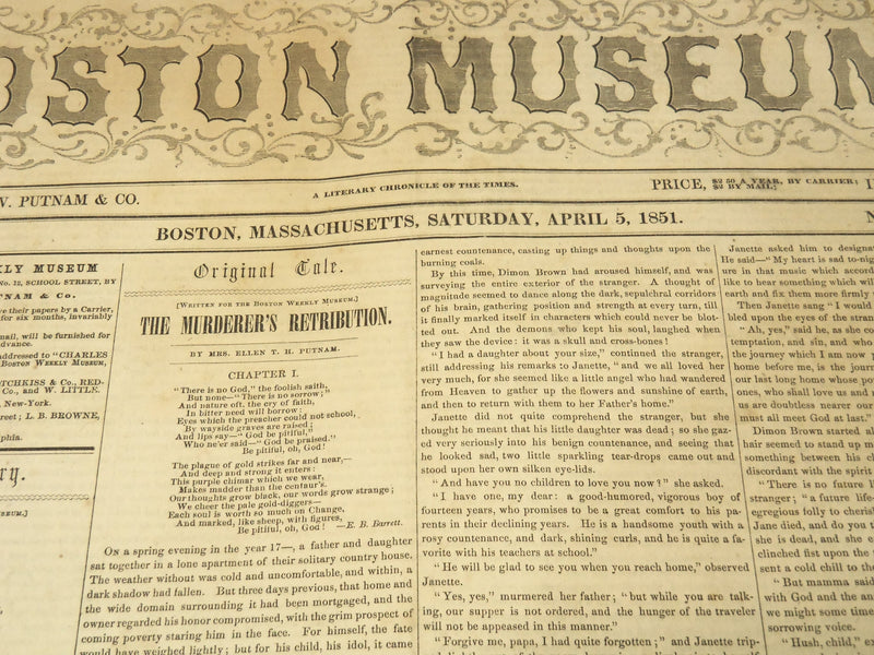 1851 APRIL 5 BOSTON MUSEUM NEWSPAPER - MURDERER'S RETRIBUTION - AMIE - NP 9027