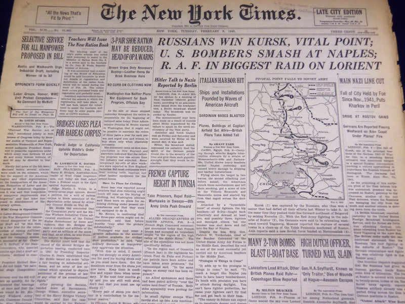 1943 FEBRUARY 9 NEW YORK TIMES - U. S. BOMBERS SMASH AT NAPLES - NT 1755