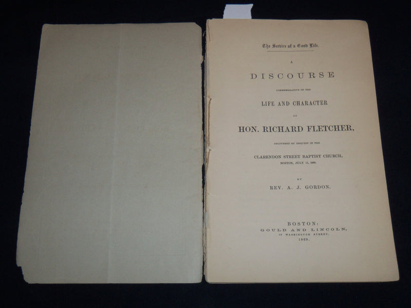 1869 MEMORIAL DISCOURSE LIFE AND CHARACTER BOOK BY HON. RICHARD FLETCHER- J 8870