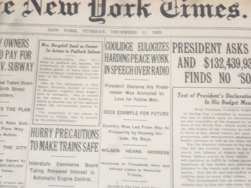 1923 DECEMBER 11 NEW YORK TIMES - COOLIDGE EULOGIZES HARDING PEACE WORK- NT 9219
