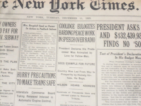 1923 DECEMBER 11 NEW YORK TIMES - COOLIDGE EULOGIZES HARDING PEACE WORK- NT 9219