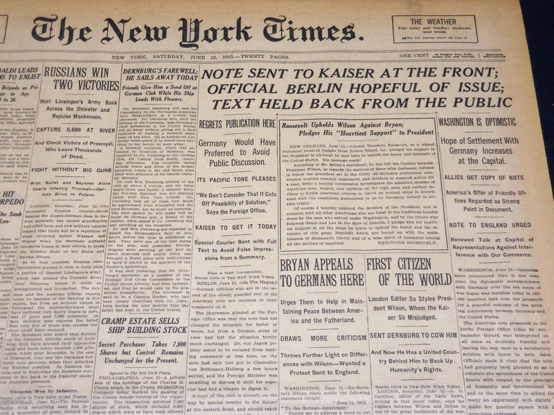 1915 JUNE 12 NEW YORK TIMES - NOTE SENT TO KAISER AT THE FRONT - NT 7700