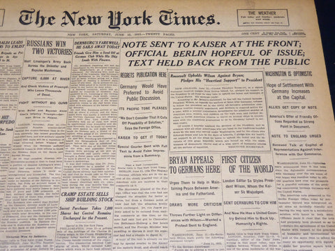 1915 JUNE 12 NEW YORK TIMES - NOTE SENT TO KAISER AT THE FRONT - NT 7700