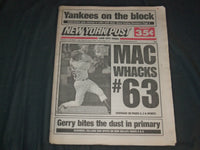 1998 SEPTEMBER 16 NEW YORK POST NEWSPAPER - MARK MCGWIRE HITS HR 63 - NP 4129