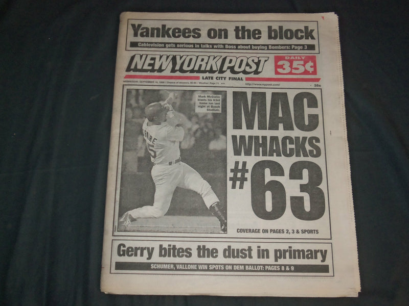 1998 SEPTEMBER 16 NEW YORK POST NEWSPAPER - MARK MCGWIRE HITS HR 63 - NP 4129