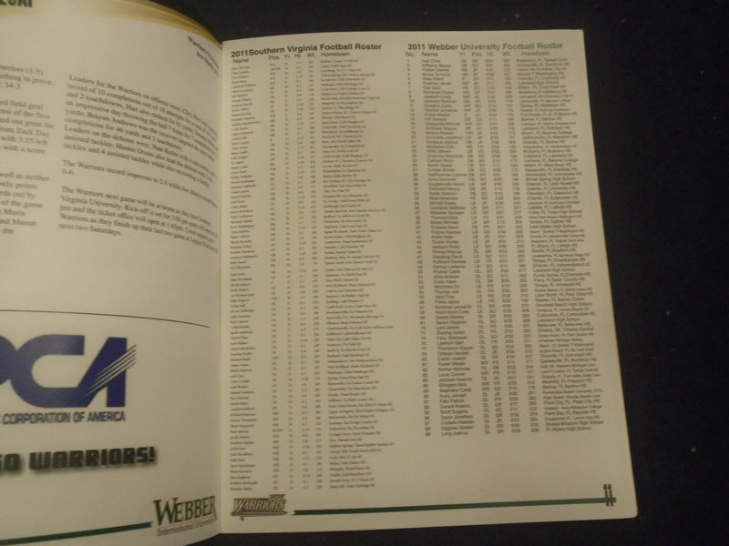 2011 WEBBER INTERNATIONAL UNIVERSITY FOOTBALL SCHEDULE - SP 1219A