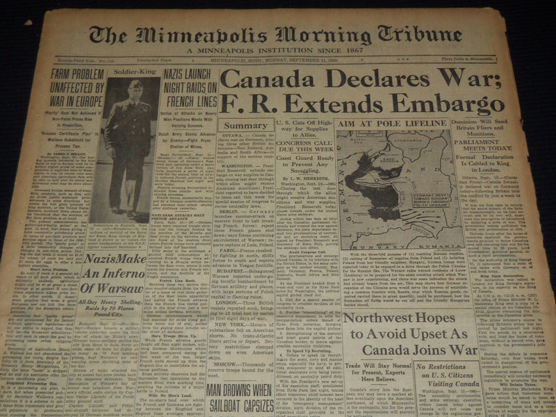 1939 SEPTEMBER 11 MINNEAPOLIS MORNING TRIBUNE - CANADA DECLARES WAR - NT 9527
