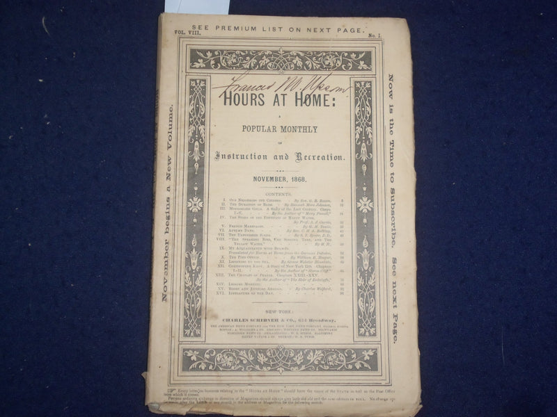 1868 JAN-SEP-NOV HOURS AT HOME MONTHLY MAGAZINE - LOT OF 3 - J 9796