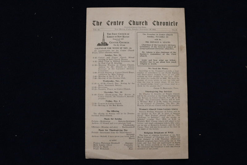1933 THE CENTER CHURCH CHRONICLE NEWSLETTER - LOT OF 2 - K 1502