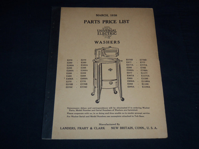 1938 UNIVERSAL ELECTRIC WASHERS PARTS PRICE LIST - CONNECTICUT - J 9011