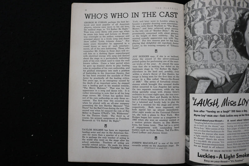 1938 I'D RATHER BE RIGHT PROGRAM- THE PLAYBILL-GEORGE M. COHAN -LOT OF 2- K 3049