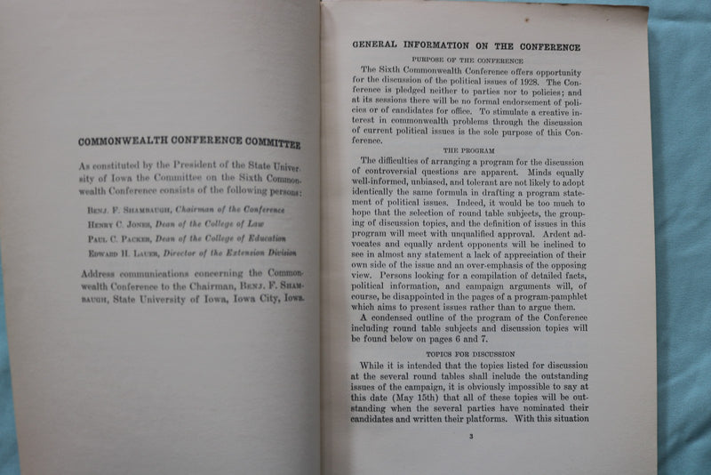 1928 MAY 15 UNIVERSITY OF IOWA 6TH COMMONWEALTH CONFERENCE - SOFTCOVER - K 3252