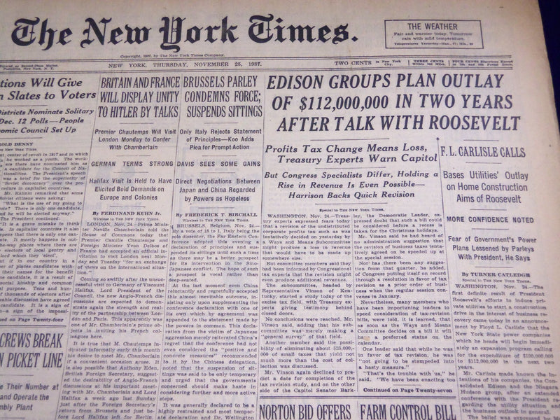 1937 NOV 25 NEW YORK TIMES - EDISON GROUPS PLAN OUTLAY OF $112 MILLION - NT 1285
