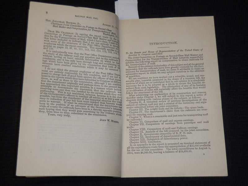 1914 RAILWAY MAIL PAY REPORT - HOUSE OF REPRESENTATIVES - 63RD CONGRESS - K 645