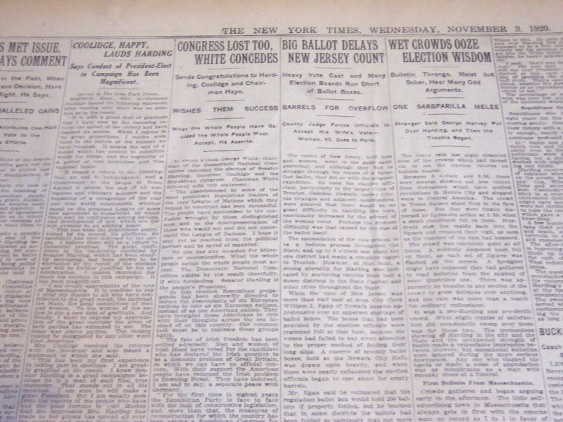 1920 NOVEMBER 3 NEW YORK TIMES - HARDING WINS MILLION LEAD HERE - NT 7115