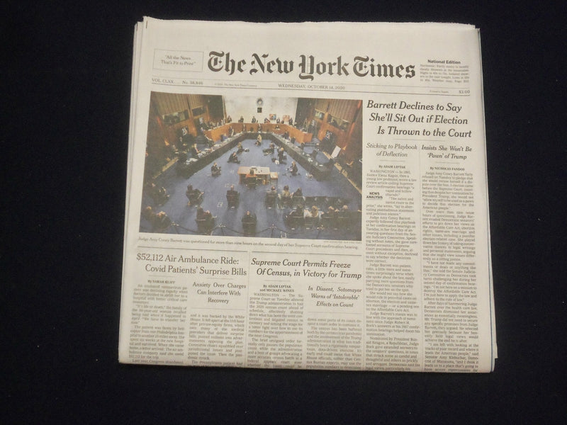 2020 OCT 14 NEW YORK TIMES-BARRETT MAY NOT SIT OUT IF ELECTION GOES TO COURT