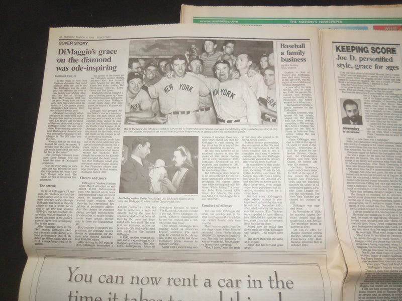 1999 MARCH 9 USA TODAY NEWSPAPER - JOE DIMAGGIO DEAD 1914-1999 - NP 8009