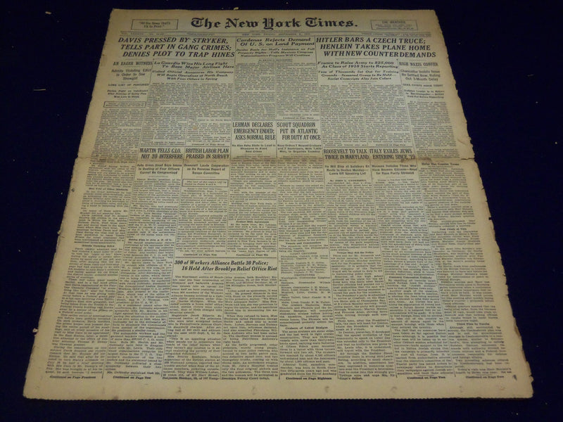 1938 SEPTEMBER 2 NEW YORK TIMES - HITLER BARS CZECH TRUCE - NT 3117