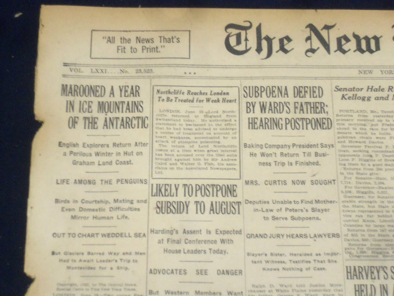 1922 JUNE 20 NEW YORK TIMES - MAROONED A YEAR IN THE ANTARTIC - NT 8413