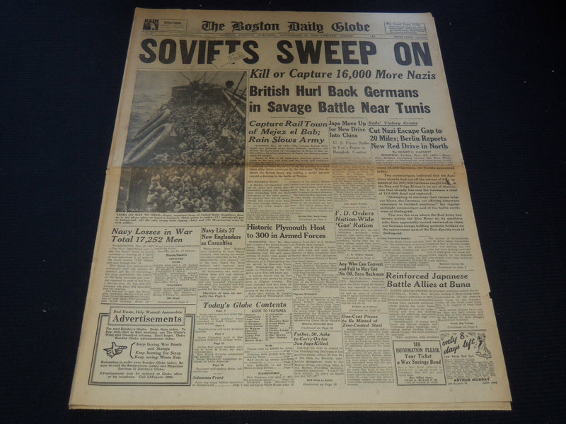 1942 NOVEMBER 27 BOSTON DAILY GLOBE NEWSPAPER - SOVIETS SWEEP ON - NT 9460