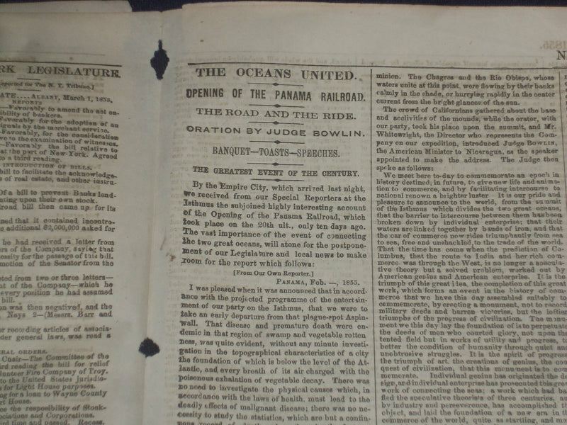 1855 MARCH 2 NEW YORK TRIBUNE NEWSPAPER - PANAMA RAILROAD OPENED - NP 5040