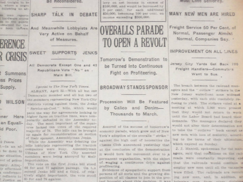 1920 APRIL 23 NEW YORK TIMES - OVERALLS PARADE TO OPEN A REVOLT - NT 8296