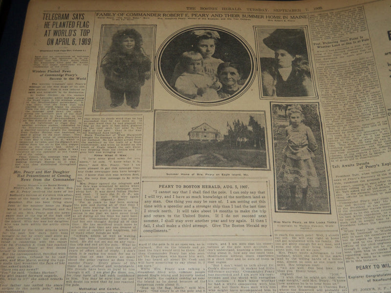 1909 SEPTEMBER 7 THE BOSTON HERALD - PEARY WIRES WORD HE HAS FOUND POLE - BH 204