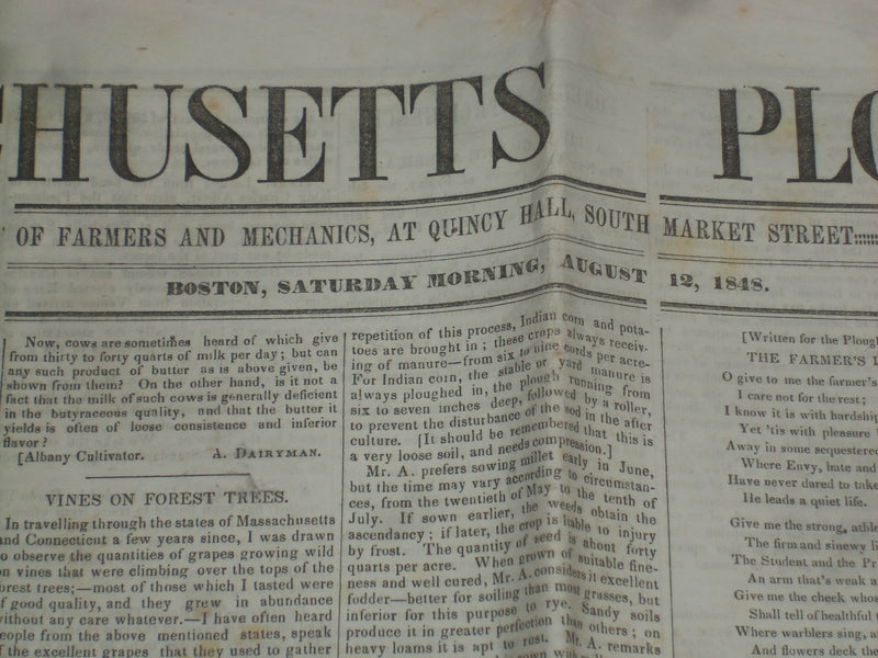 1848 AUGUST 12 MASSACHUSETTS PLOUGHMAN NEWSPAPER- JAMES K. POLK MESSAGE- NP 5152