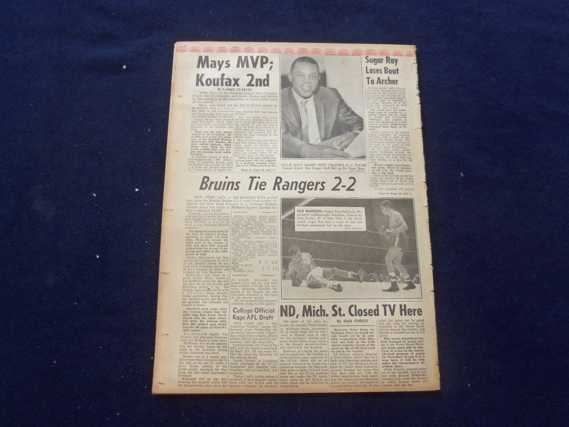 1965 NOV 11 BOSTON RECORD AMERICAN NEWSPAPER - WILLIE MAYS NAMED MVP - NP 6311