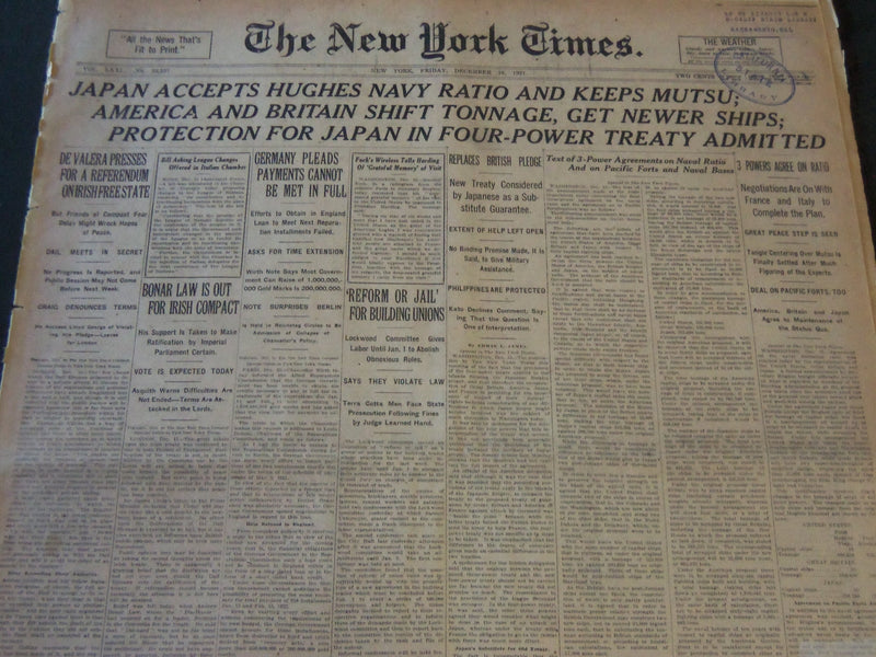 1921 DECEMBER 16 NEW YORK TIMES - JAPAN ACCEPTS HUGHES NAVY RATIO - NT 6476