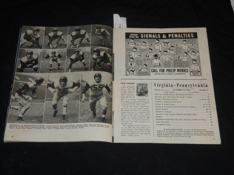 1946 OCTOBER 19 VIRGINIA VS. PENNSYLVANIA COLLEGE FOOTBALL PROGRAM - J 5761