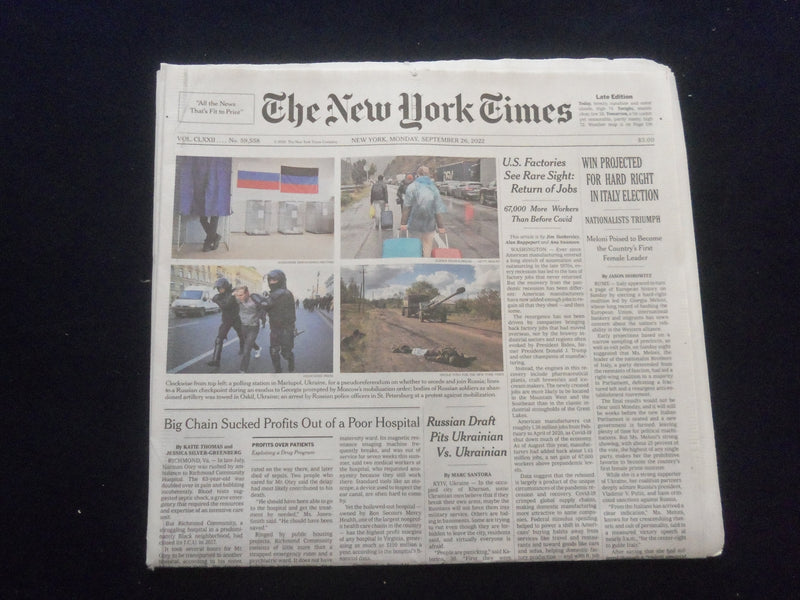 2022 SEP 26 NEW YORK TIMES - WIN PROJECTED FOR HARD RIGHT IN ITALY ELECTION