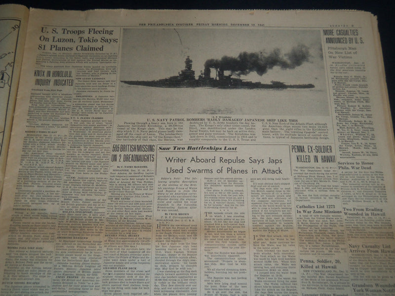1941 DEC 12 PHILADELPHIA INQUIRER - 2D JAP BATTLESHIP BUMBED BY NAVY - NT 7508