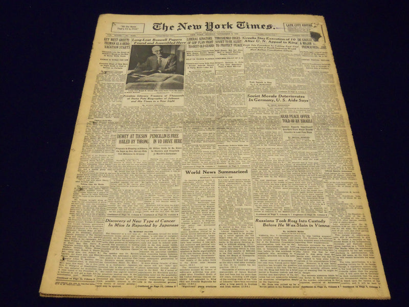 1948 NOV 8 NEW YORK TIMES NEWSPAPER - LONG LOST BOSWELL PAPERS FOUND - NT 13