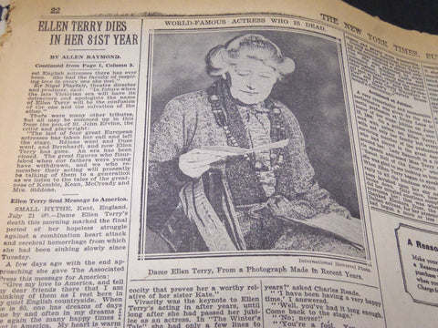 1928 JULY 22 NEW YORK TIMES - ELLEN TERRY DIES IN 81ST YEAR - NT 5046