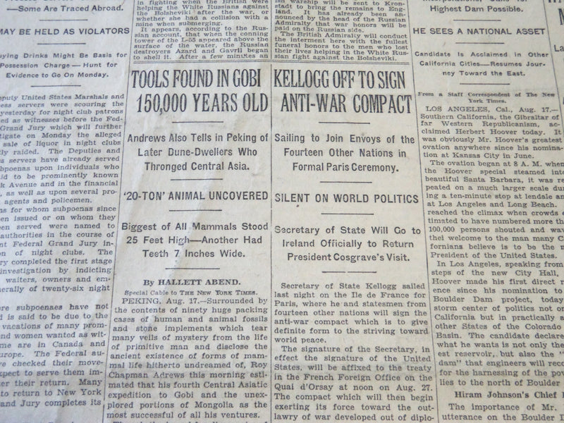 1928 AUGUST 18 NEW YORK TIMES - TOOLS FOUND IN GOBI 150,000 YEARS OLD - NT 6518