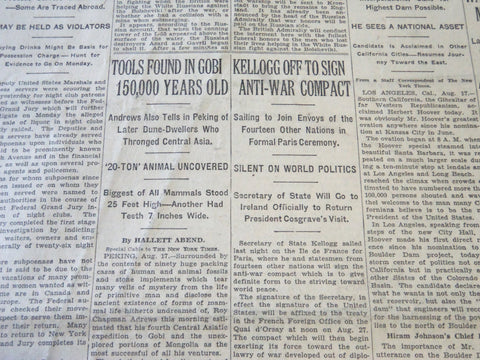 1928 AUGUST 18 NEW YORK TIMES - TOOLS FOUND IN GOBI 150,000 YEARS OLD - NT 6518