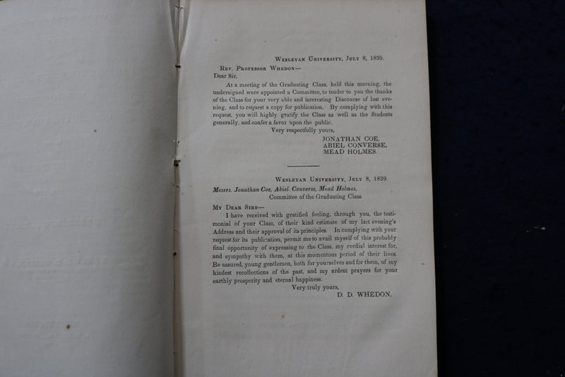 1839 BACCALUREATE SERMON DELIVERED IN CHAPEL OF THE WELEYAN UNIVERSITY - K 1399