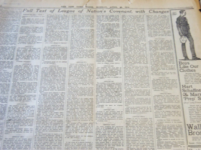 1919 APRIL 28 NEW YORK TIMES - FULL TEXT OF REVISED COVENANT OF LEAGUE - NT 6313