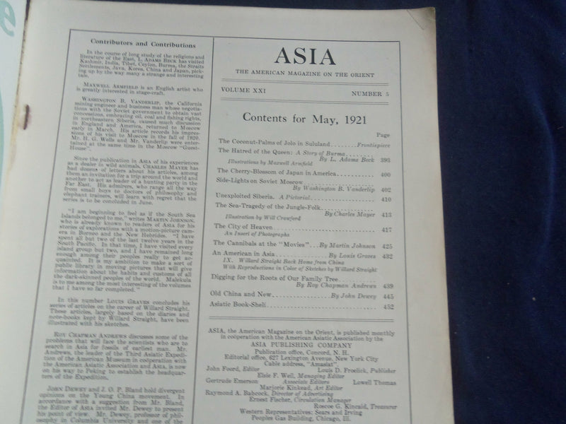 1921 MAY ASIA MAGAZINE - HATRED OF THE QUEEN - GREAT PHOTOS & STORIES - SP 1222N